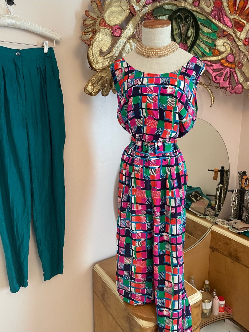 Vibrant Vintage Geometric Print Rayon Sleeveless 2 Piece Set